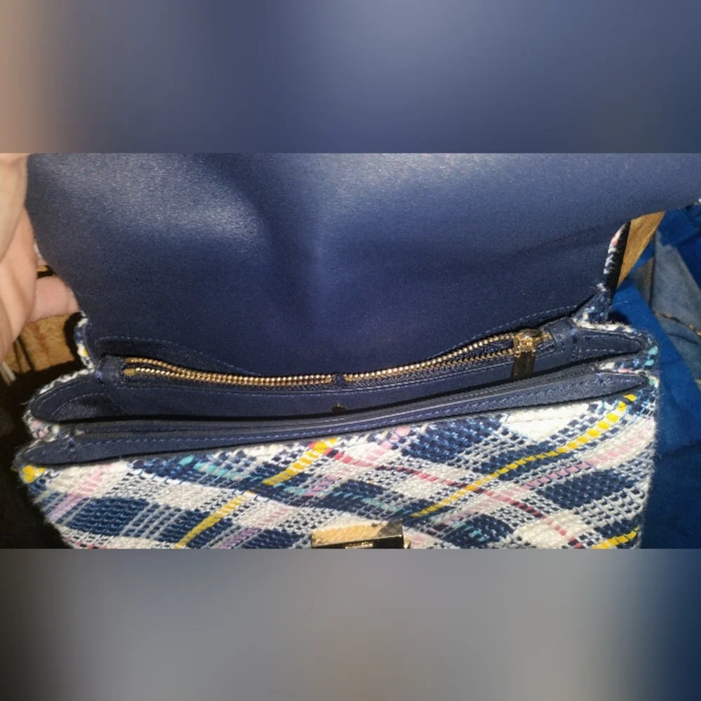 Kate Spade Blue Tweed Carlyle Shoulder Bag Purse $395 Handbag Plaid Gold Chain